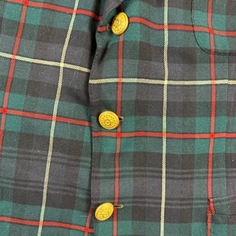 Fruhauf New York Mens Plaid Blazer Large Green Navy Tartan Gold Crest Buttons